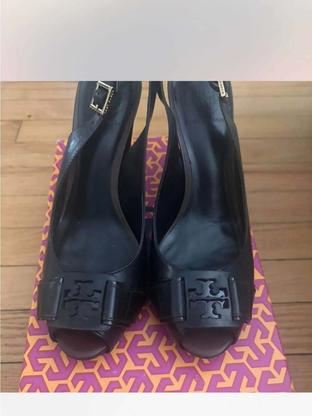 Tory Burch Black Leather Peep-Toe Logo Bow Slingback Heels